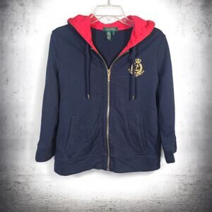Lauren Ralph Lauren Womens Hooded Zip Up Sweatshirt Size L Boating Anchor Marine